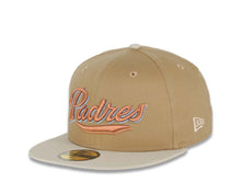 Load image into Gallery viewer, San Diego Padres New Era MLB 59FIFTY 5950 Fitted Cap Hat Khaki Crown Stone Visor Metallic Brown/Sky Blue Script Logo 40th Anniversary Side Patch
