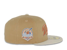 Load image into Gallery viewer, San Diego Padres New Era MLB 59FIFTY 5950 Fitted Cap Hat Khaki Crown Stone Visor Metallic Brown/Sky Blue Script Logo 40th Anniversary Side Patch
