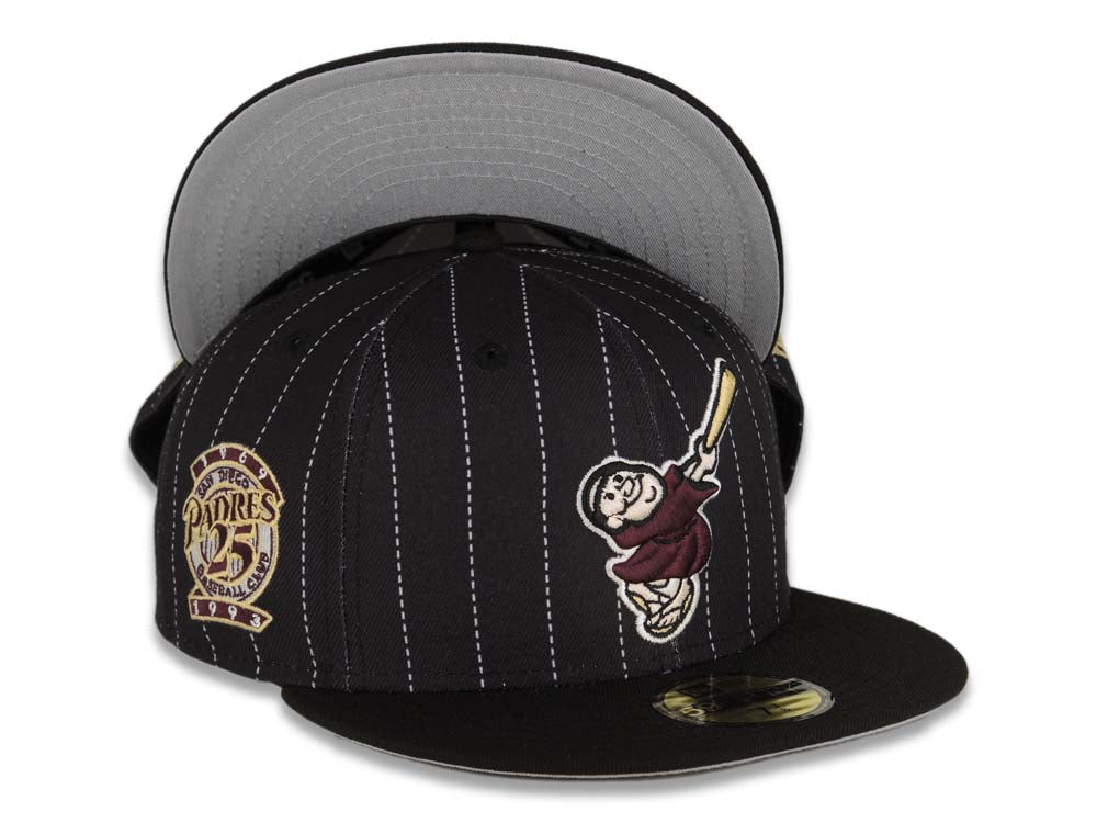 San Diego Padres New Era MLB 59FIFTY 5950 Fitted Cap Hat Black White Pinstripes Crown Maroon Swinging Friar Logo 25th Anniversary Side Patch