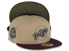 Load image into Gallery viewer, San Diego Padres New Era MLB 59FIFTY 5950 Fitted Cap Hat Khaki Crown Maroon Visor Maroon/Olive Logo 40th Anniversary Side Patch Olive UV
