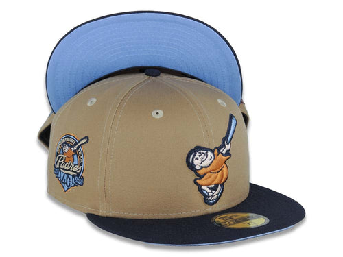 San Diego Padres New Era MLB 59FIFTY 5950 Fitted Cap Hat Khaki Crown Navy Visor Light Brown/Sky Blue Logo 40th Anniversary Side Patch Sky Blue UV