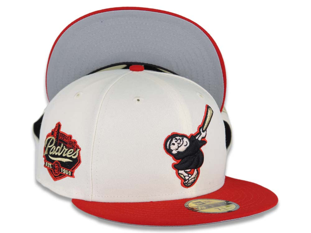 San Diego Padres New Era MLB 59FIFTY 5950 Fitted Cap Hat Cream Crown Red Visor Black/Metallic Gold Swinging Friar Logo Established 1969 Side Patch