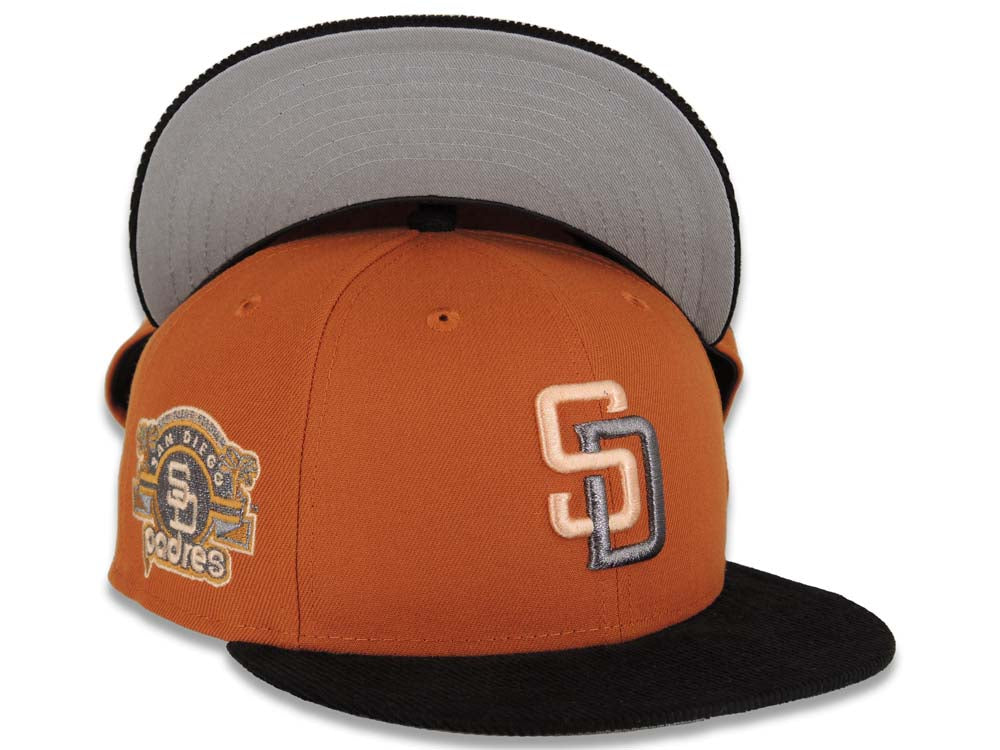 (Corduroy Visor) San Diego Padres New Era MLB 59FIFTY 5950 Fitted Cap Hat Rust Orange Crown Black Visor Peach/Metallic Gray Logo Stadium Side Patch