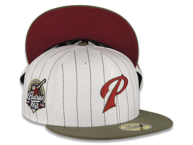 San Diego Padres New Era MLB 59FIFTY 5950 Fitted Cap Hat White Pinstripe Crown Olive Visor Cardinal/Olive “P” Logo 40th Anniversary Side Patch