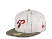 Load image into Gallery viewer, San Diego Padres New Era MLB 59FIFTY 5950 Fitted Cap Hat White Pinstripe Crown Olive Visor Cardinal/Olive “P” Logo 40th Anniversary Side Patch
