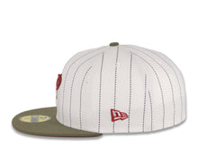 Load image into Gallery viewer, San Diego Padres New Era MLB 59FIFTY 5950 Fitted Cap Hat White Pinstripe Crown Olive Visor Cardinal/Olive “P” Logo 40th Anniversary Side Patch

