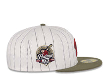 Load image into Gallery viewer, San Diego Padres New Era MLB 59FIFTY 5950 Fitted Cap Hat White Pinstripe Crown Olive Visor Cardinal/Olive “P” Logo 40th Anniversary Side Patch
