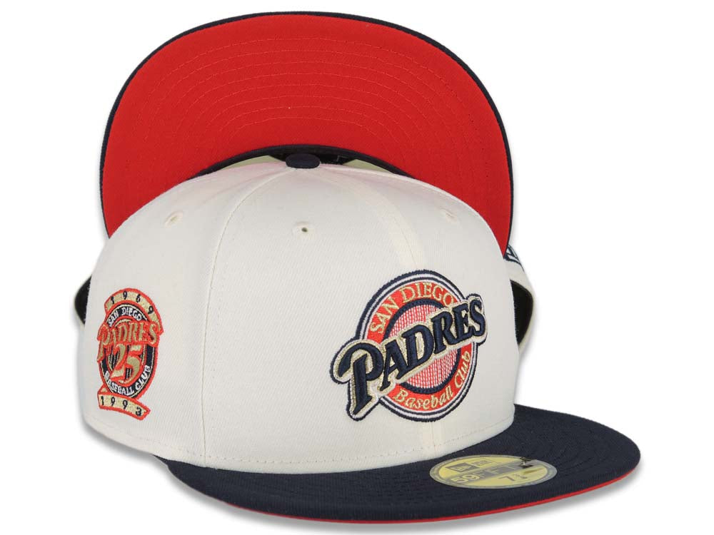 San Diego Padres New Era MLB 59FIFTY 5950 Fitted Cap Hat Cream Crown Navy Blue Visor Navy/Metallic Gold Baseball Club Logo 25th Anniversary Side Patch