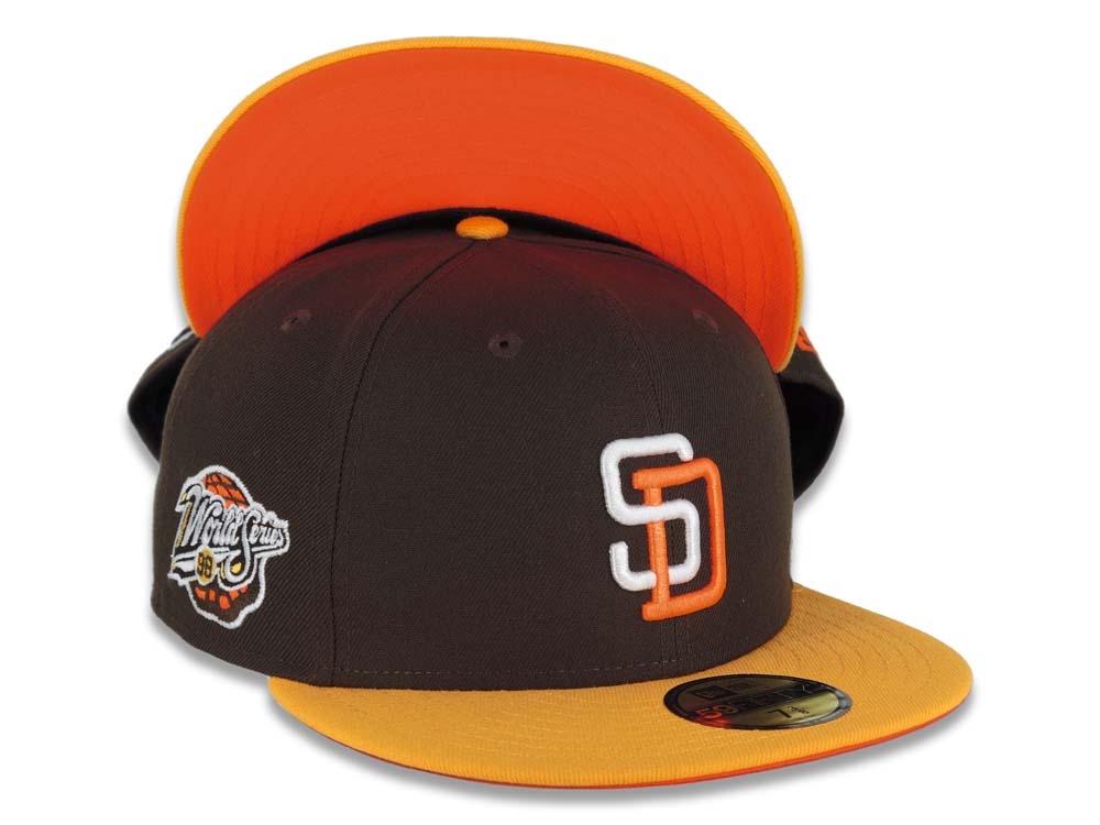 San Diego Padres New Era MLB 59FIFTY 5950 Fitted Cap Hat Brown Crown Yellow Visor White/Orange Logo 1998 World Series Side Patch Orange UV