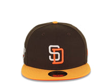 Load image into Gallery viewer, San Diego Padres New Era MLB 59FIFTY 5950 Fitted Cap Hat Brown Crown Yellow Visor White/Orange Logo 1998 World Series Side Patch Orange UV
