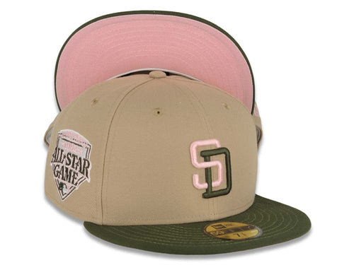 San Diego Padres New Era MLB 59FIFTY 5950 Fitted Cap Hat Khaki Crown Olive Green Visor Pink/Olive Green Logo 1992 All-Star Game Side Patch Pink UV