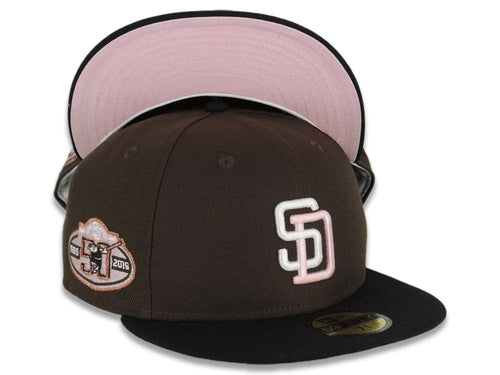 San Diego Padres New Era MLB 59FIFTY 5950 Fitted Cap Hat Brown Crown Black Visor White/Pink Logo 50th Anniversary Side Patch Pink UV