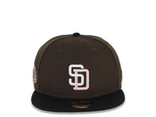 Load image into Gallery viewer, San Diego Padres New Era MLB 59FIFTY 5950 Fitted Cap Hat Brown Crown Black Visor White/Pink Logo 50th Anniversary Side Patch Pink UV
