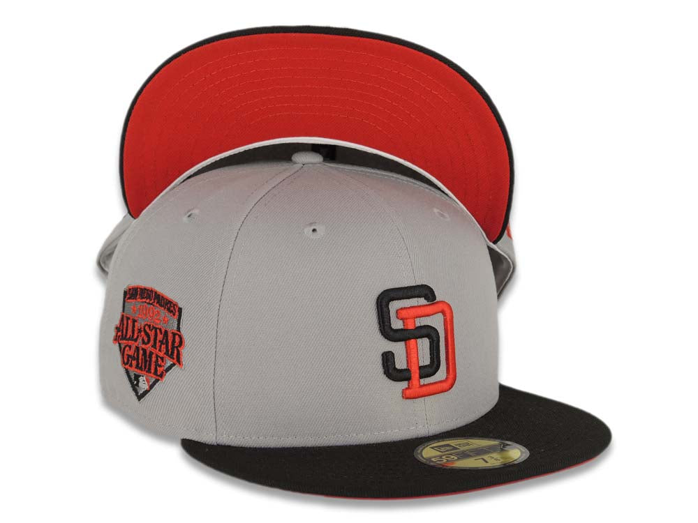 San Diego Padres New Era MLB 59FIFTY 5950 Fitted Cap Hat Gray Crown Black Visor Black/Red Logo 1992 All-Star Game Side Patch Red UV