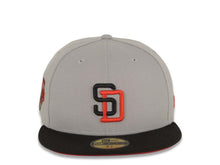 Load image into Gallery viewer, San Diego Padres New Era MLB 59FIFTY 5950 Fitted Cap Hat Gray Crown Black Visor Black/Red Logo 1992 All-Star Game Side Patch Red UV
