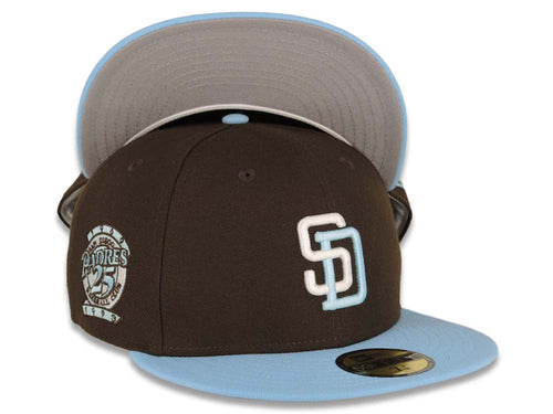 San Diego Padres New Era MLB 59FIFTY 5950 Fitted Cap Hat Brown Crown Sky Blue Visor White/Sky Blue Logo 25th Anniversary Side Patch Gray UV