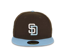 Load image into Gallery viewer, San Diego Padres New Era MLB 59FIFTY 5950 Fitted Cap Hat Brown Crown Sky Blue Visor White/Sky Blue Logo 25th Anniversary Side Patch Gray UV
