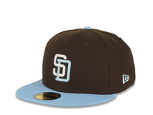 Load image into Gallery viewer, San Diego Padres New Era MLB 59FIFTY 5950 Fitted Cap Hat Brown Crown Sky Blue Visor White/Sky Blue Logo 25th Anniversary Side Patch Gray UV
