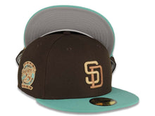 Load image into Gallery viewer, San Diego Padres New Era MLB 59FIFTY 5950 Fitted Cap Hat Brown Crown Light Teal Visor Cream/Light Brown Logo 25th Anniversary Side Patch Gray UV
