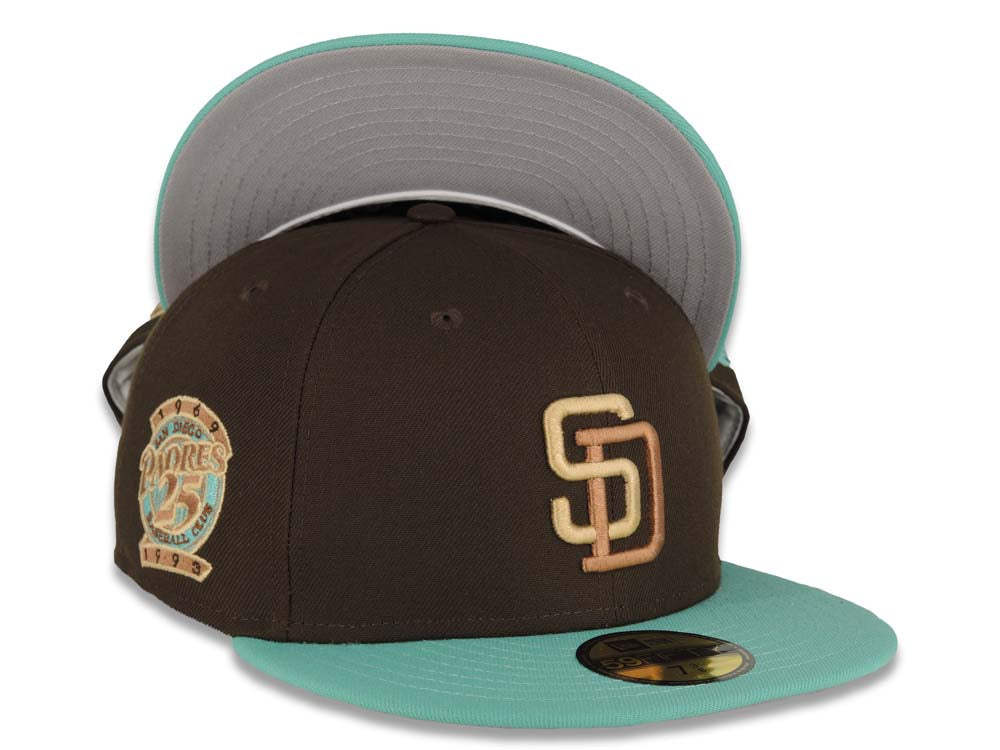 San Diego Padres New Era MLB 59FIFTY 5950 Fitted Cap Hat Brown Crown Light Teal Visor Cream/Light Brown Logo 25th Anniversary Side Patch Gray UV