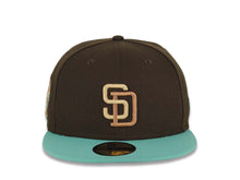 Load image into Gallery viewer, San Diego Padres New Era MLB 59FIFTY 5950 Fitted Cap Hat Brown Crown Light Teal Visor Cream/Light Brown Logo 25th Anniversary Side Patch Gray UV
