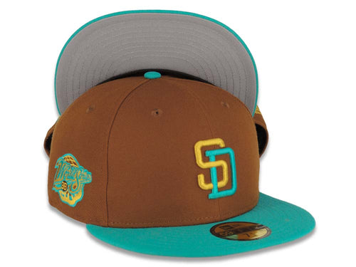 San Diego Padres New Era MLB 59FIFTY 5950 Fitted Cap Hat Brown Crown Teal Visor Gold/Teal Logo 1998 World Series Side Patch Gray UV