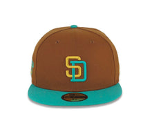 Load image into Gallery viewer, San Diego Padres New Era MLB 59FIFTY 5950 Fitted Cap Hat Brown Crown Teal Visor Gold/Teal Logo 1998 World Series Side Patch Gray UV
