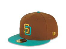 Load image into Gallery viewer, San Diego Padres New Era MLB 59FIFTY 5950 Fitted Cap Hat Brown Crown Teal Visor Gold/Teal Logo 1998 World Series Side Patch Gray UV
