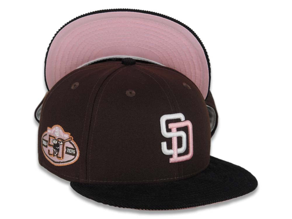 (Corduroy Visor) San Diego Padres New Era MLB 59FIFTY 5950 Fitted Cap Hat Dark Brown Crown Black Visor White/Pink Logo 50th Anniversary Side Patch