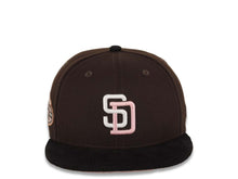 Load image into Gallery viewer, (Corduroy Visor) San Diego Padres New Era MLB 59FIFTY 5950 Fitted Cap Hat Dark Brown Crown Black Visor White/Pink Logo 50th Anniversary Side Patch
