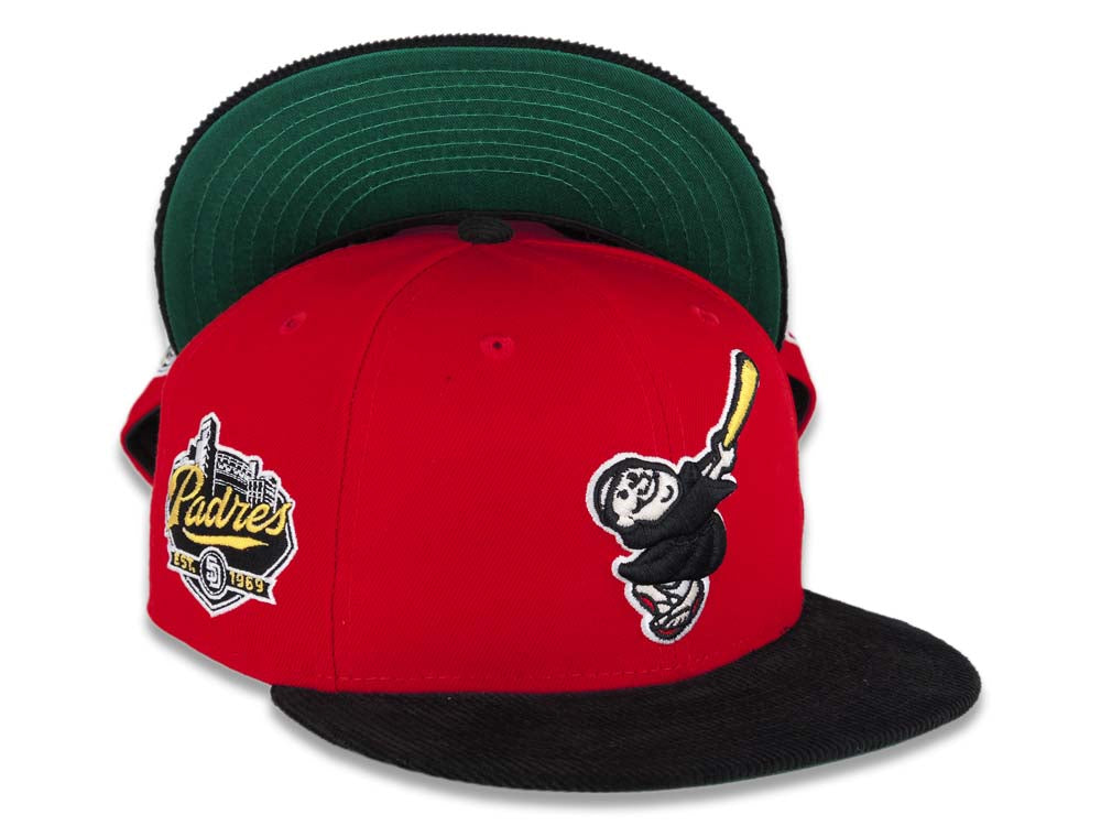 (Corduroy Visor) San Diego Padres New Era MLB 59FIFTY 5950 Fitted Cap Hat Red Crown Black Visor Black Swinging Friar Logo Established 1969 Side Patch