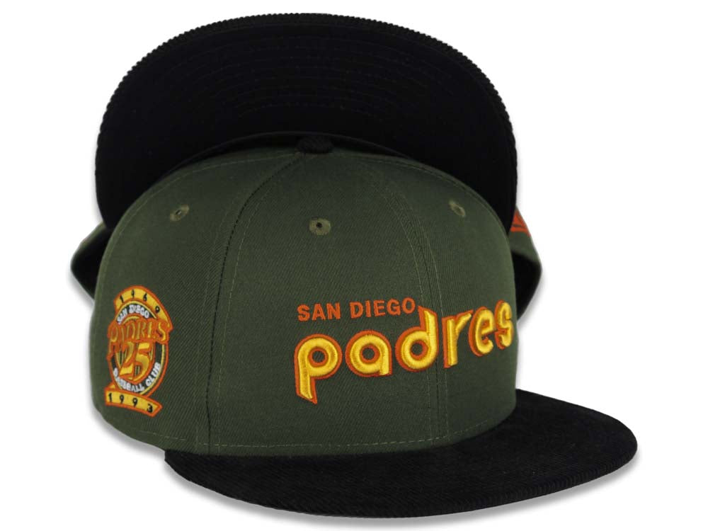 (Corduroy Visor) San Diego Padres New Era MLB 59FIFTY 5950 Fitted Cap Hat Olive Green Crown Black Visor Yellow/Orange Script Logo 25th Anniversary Side Patch