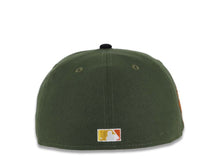 Load image into Gallery viewer, (Corduroy Visor) San Diego Padres New Era MLB 59FIFTY 5950 Fitted Cap Hat Olive Green Crown Black Visor Yellow/Orange Script Logo 25th Anniversary Side Patch
