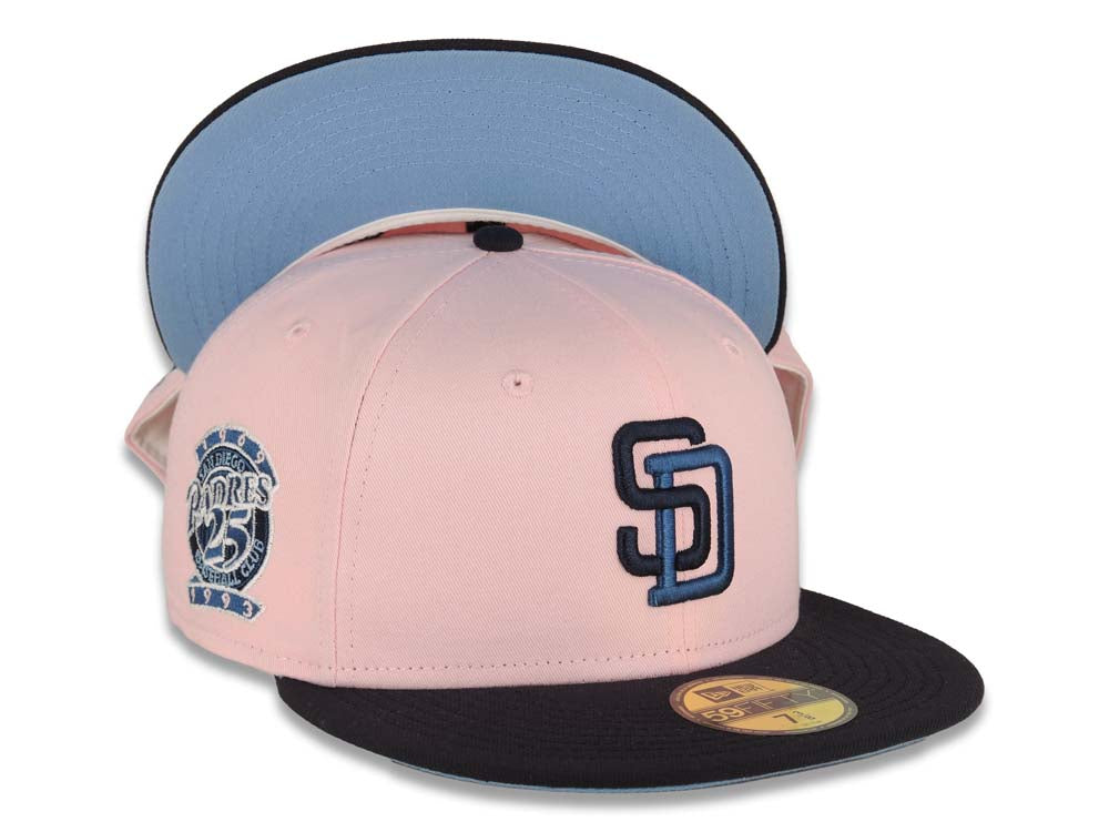San Diego Padres New Era MLB 59FIFTY 5950 Fitted Cap Hat Cotton Pink Crown Navy Visor Navy/Blue Logo 25th Anniversary Side Patch Sky Blue UV