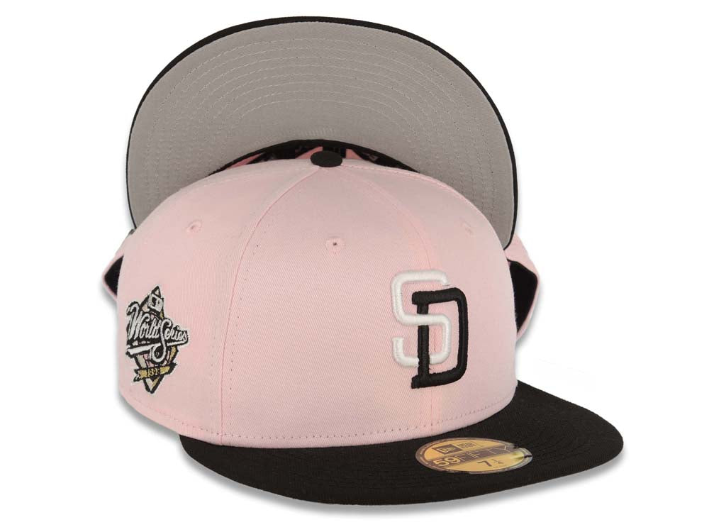 San Diego Padres New Era MLB 59FIFTY 5950 Fitted Cap Hat Cotton Pink Crown Black Visor White/Black Logo 1998 World Series Side Patch Gray UV