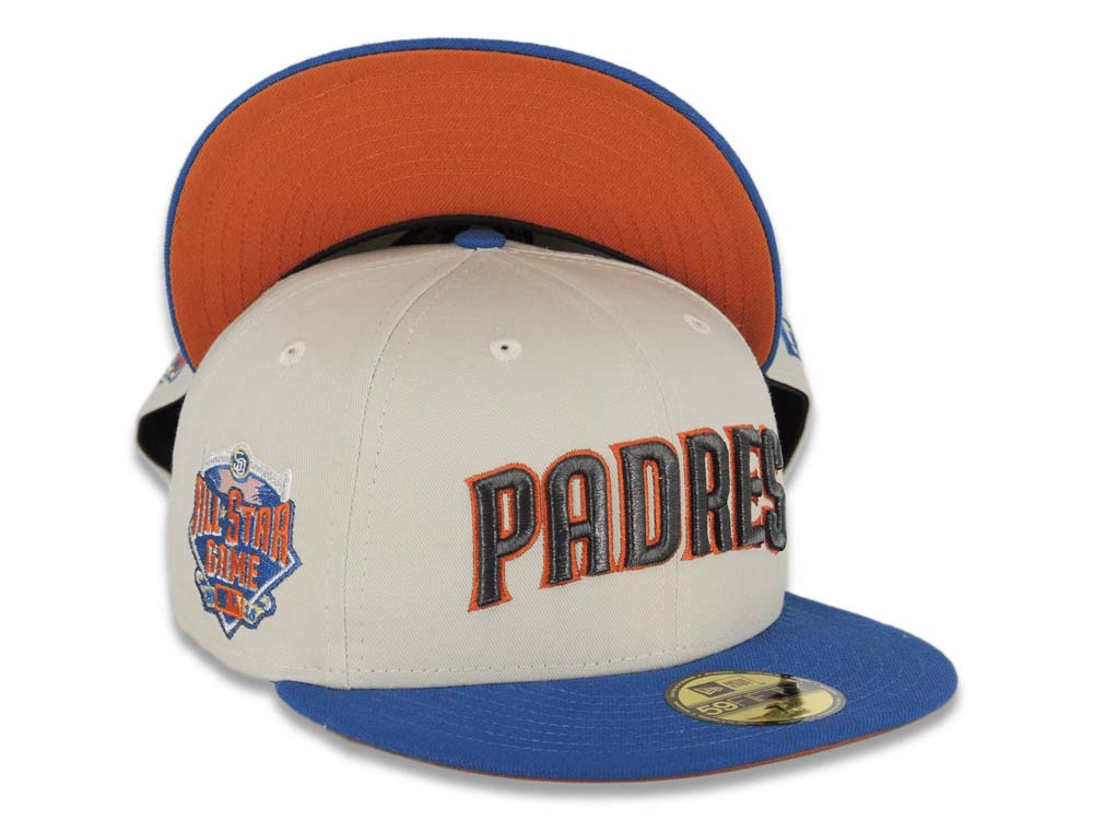 San Diego Padres New Era MLB 59FIFTY 5950 Fitted Cap Hat Stone Crown Blue Visor Metallic Black/Dark Orange Script Logo 2016 All-Star Game Side Patch