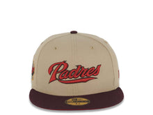 Load image into Gallery viewer, San Diego Padres New Era MLB 59FIFTY 5950 Fitted Cap Hat Khaki Crown Maroon Visor Red/Khaki/Brown Logo Established 1969 Side Patch Red UV
