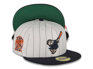 San Diego Padres New Era MLB 59FIFTY 5950 Fitted Cap Hat White Pinstripe Crown Navy Visor Navy Orange Swinging Friar Logo 25th Anniversary Side Patch