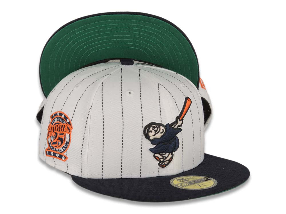 San Diego Padres New Era MLB 59FIFTY 5950 Fitted Cap Hat White Pinstripe Crown Navy Visor Navy Orange Swinging Friar Logo 25th Anniversary Side Patch