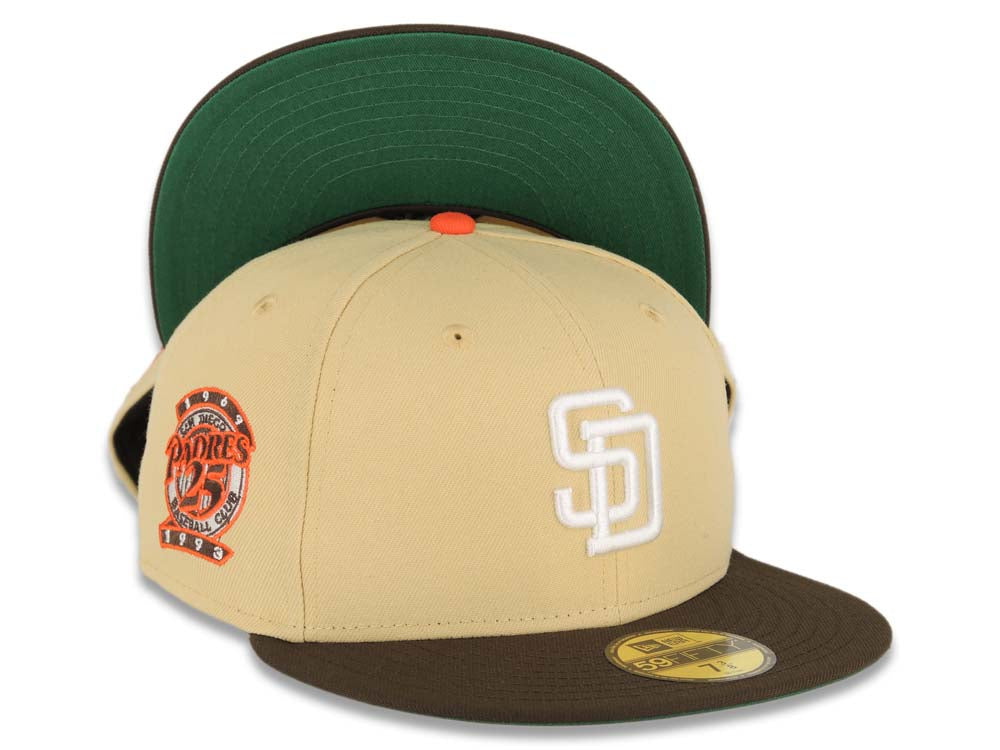 San Diego Padres New Era MLB 59FIFTY 5950 Fitted Cap Hat Yellow Green Crown Brown Visor White Logo 25th Anniversary Side Patch Green UV