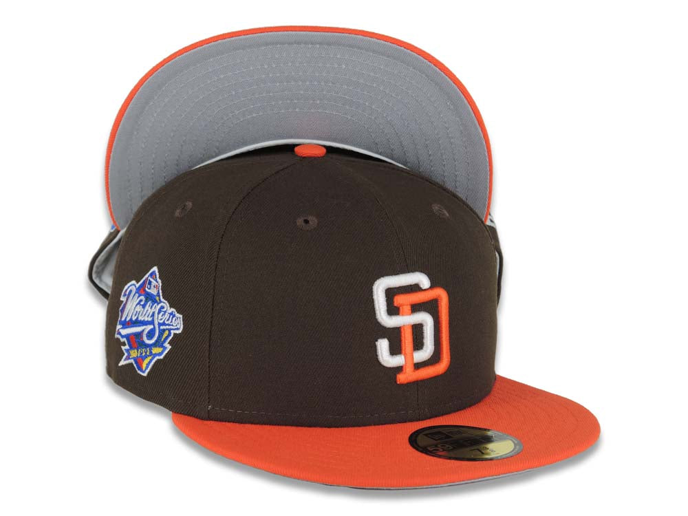 San Diego Padres New Era MLB 59FIFTY 5950 Fitted Cap Hat Brown Crown Orange Visor White/Orange Logo 1998 World Series Side Patch Gray UV