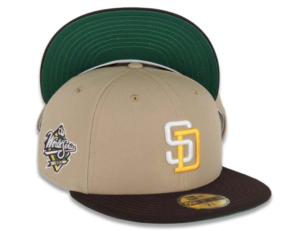 San Diego Padres New Era MLB 59FIFTY 5950 Fitted Cap Hat Khaki Crown Brown Visor White/Yellow Logo 1998 World Series Side Patch Green UV