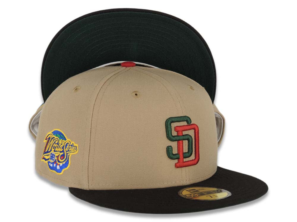 San Diego Padres New Era MLB 59FIFTY 5950 Fitted Cap Hat Khaki Crown Black Visor Dark Green/Red Logo 2016 All-Star Game Side Patch Dark Green UV