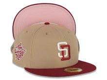 Load image into Gallery viewer, San Diego Padres New Era MLB 59FIFTY 5950 Fitted Cap Hat Khaki Crown Cardinal Visor Cream/Cardinal Logo 1998 World Series Side Patch Pink UV
