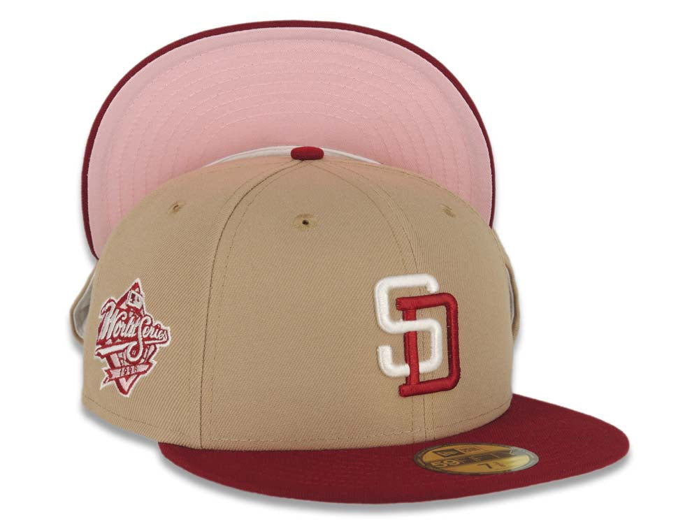 San Diego Padres New Era MLB 59FIFTY 5950 Fitted Cap Hat Khaki Crown Cardinal Visor Cream/Cardinal Logo 1998 World Series Side Patch Pink UV