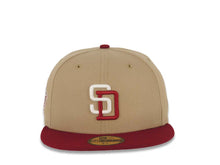 Load image into Gallery viewer, San Diego Padres New Era MLB 59FIFTY 5950 Fitted Cap Hat Khaki Crown Cardinal Visor Cream/Cardinal Logo 1998 World Series Side Patch Pink UV
