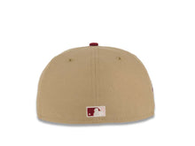 Load image into Gallery viewer, San Diego Padres New Era MLB 59FIFTY 5950 Fitted Cap Hat Khaki Crown Cardinal Visor Cream/Cardinal Logo 1998 World Series Side Patch Pink UV
