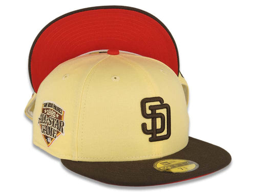 San Diego Padres New Era MLB 59FIFTY 5950 Fitted Cap Hat Soft Yellow Crown Brown Visor Brown Logo 1992 All-Star Game Side Patch Red UV