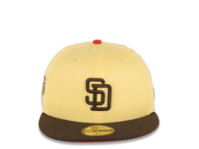 Load image into Gallery viewer, San Diego Padres New Era MLB 59FIFTY 5950 Fitted Cap Hat Soft Yellow Crown Brown Visor Brown Logo 1992 All-Star Game Side Patch Red UV
