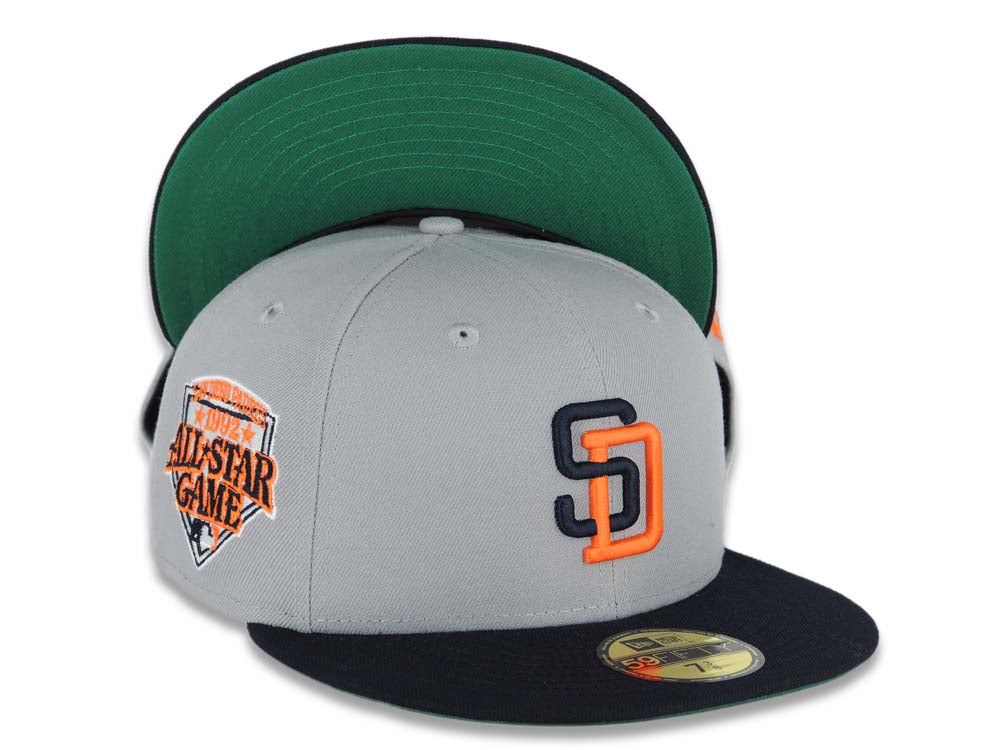 San Diego Padres New Era MLB 59FIFTY 5950 Fitted Cap Hat Gray Crown Navy Blue Visor Navy Blue/Orange Logo 1992 All-Star Game Side Patch Green UV